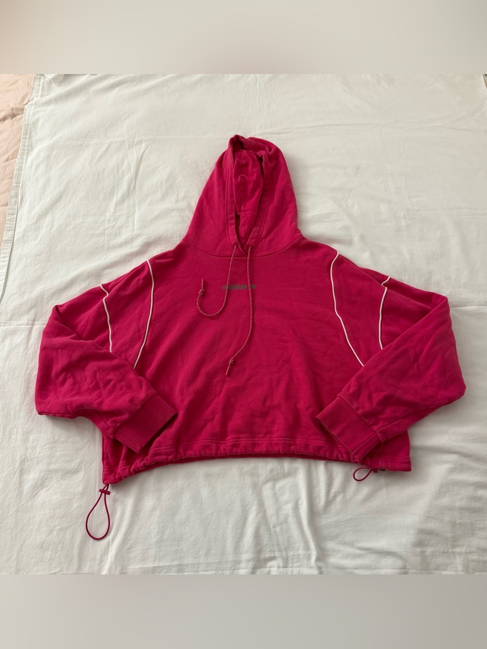 Y2K style Adidas pink cropped hoodie with white piping detailing, size L